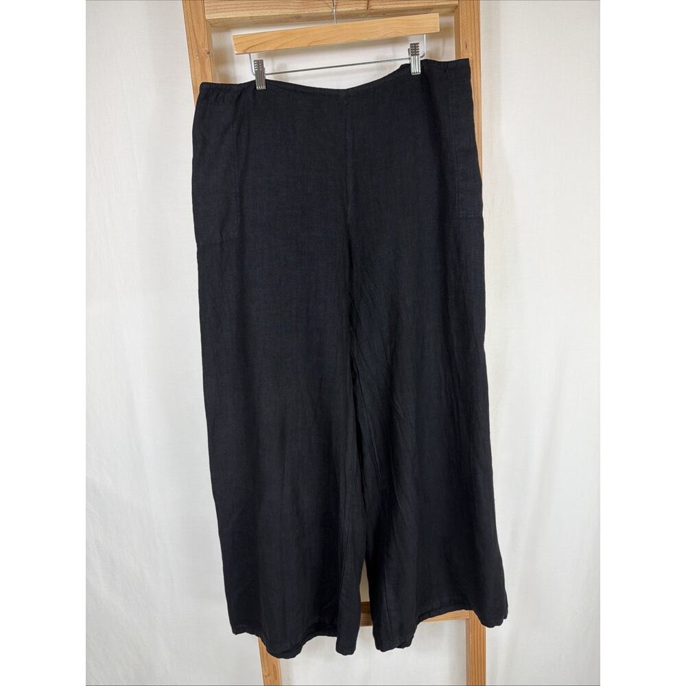 Fenini Black Linen Elastic Waist Wide Leg Pants #1383 Size 3X